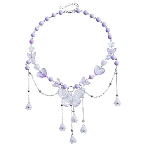 Layered Pearl Butterfly Choker Necklaces for Women,Vintage Crystal Beaded Pendant Necklace Y2K Bow Heart Tassel Chain Necklace Jewelry - Image 1
