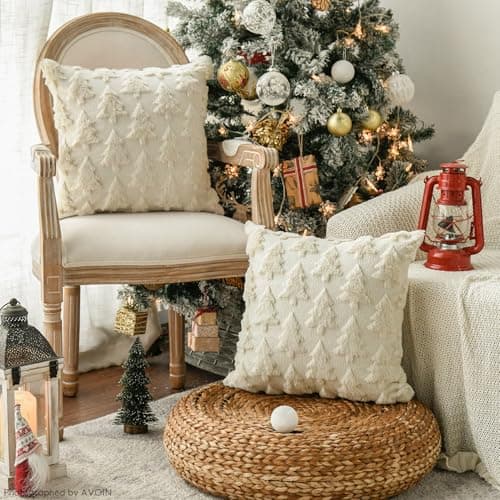 AVOIN colorlife Christmas Tree Beige Throw Pillow Covers Set of 2, 18 x 18 Inch Soft Plush Faux Fur Jacquard Festivals Winter Cushion Case Decoration for Sofa Couch thumbnail 4