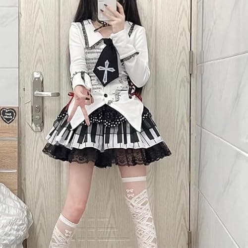 Mini Piano Skirt for Women Y2k Cute Trendy Harajuku Polka Dot Lace Lotus Skirts Vintage Black White Spliced Short Skirt thumbnail 3