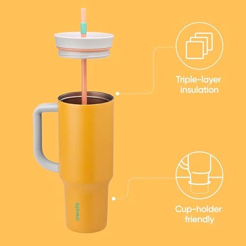 Owala Stainless Steel Triple Layer Insulated Travel Tumbler with Spill Resistant Lid, Straw, and Carry Handle, BPA Free, 40 oz, Orange (Tropical) thumbnail 2