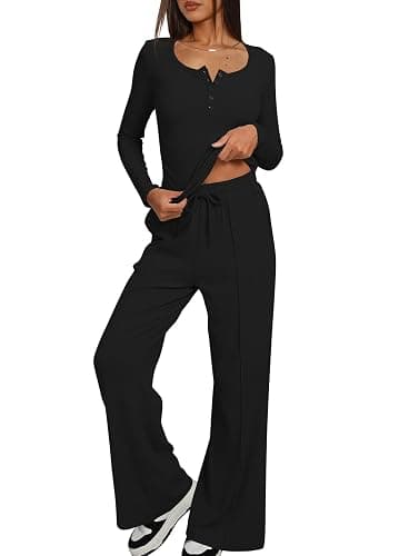 Darong Women's Fall Trendy 2 Piece Outfits Lounge Sets Long Sleeve Top Henley Shirts Wide Leg Pants Travel Clothes thumbnail 3
