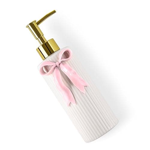 NEWHENGS Handmade Ceramic Bow Soap Pump Dispenser Hand Lotion Liquid Dispenser Refillable for Kitchen and Bathroom Decorative (Ribbon Pink) thumbnail 5