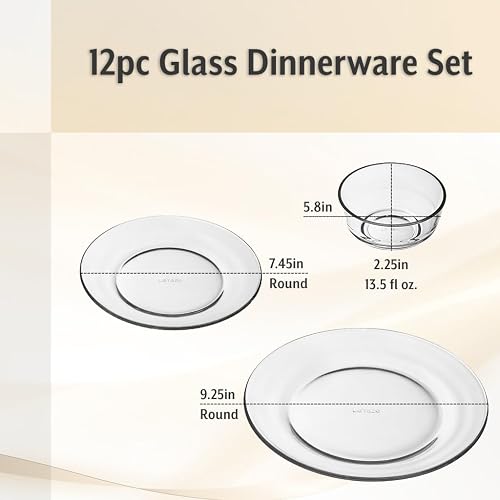 12pc Glass Dinnerware Set - Sleek Round Clear Glass Plate and Bowl Sets - Dishwasher Safe, Bread & Butter Dinner, Dessert, Salad Plates & Serving Cereal Soup Bowls Dishes for Kitchen Dining & Parties thumbnail 3