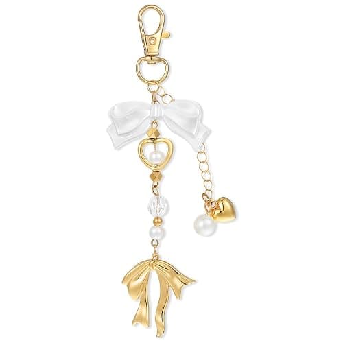 Mabor Gold Bow Keychain Bag Charms for Women Heart Pearl Beaded Coquette Aesthetic Purse Charm Cute Aesthetic Accessory Keychain - Image 1