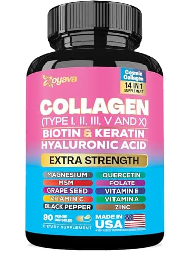 Zoyava Collagen Pills Peptides Types I, II, III, V & X MCG Biotin Keratin Hyaluronic Acid MSM Vitamin A Vitamin C Vitamin E Folic Acid Zinc Magnesium with Grape Seed Extract, Quercetin (90 Caps) - Image 1