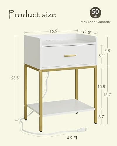 Apetaccat Nightstand with Charging Station,3-Tier Bedside Table for Small Space,Modern Night Stand with Storage Drawer and Shelf,Small Side Table for Bedroom,Living Room,White thumbnail 2
