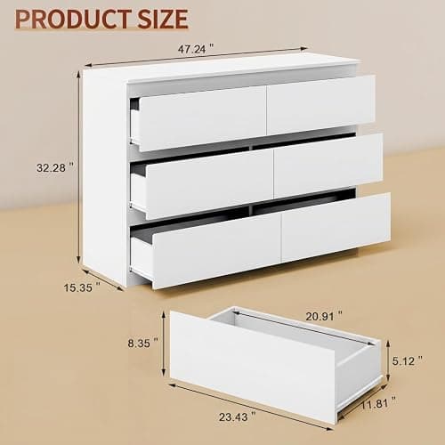 OtterOasis White Dresser for Bedroom Wood 6 Drawer Modern High Gloss | 47" Wide, Handle-Free, long, for Living Room, Entryway, TV Stand, Storing CLothes, Dressers & Chests of Drawers thumbnail 2