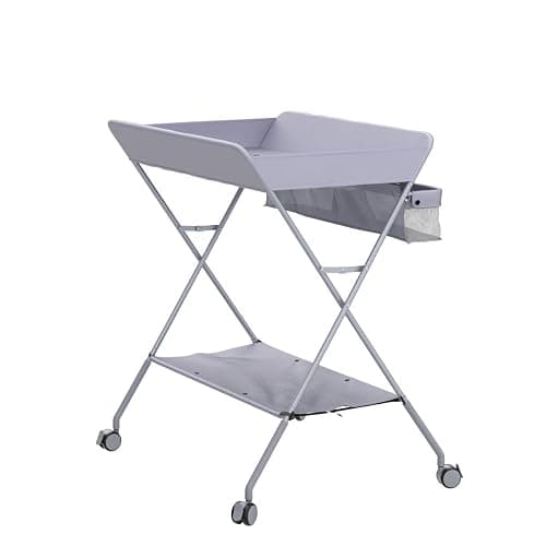 EGREE Baby Changing Table Portable Folding Diaper Changing Station with Wheels, Adjustable Height Mobile Nursery Organizer with Safety Belt and Large Storage Racks for Newborn Baby and Infant, Gray thumbnail 4