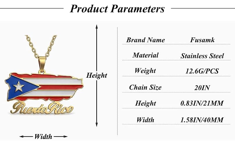Fusamk Fashion Stainless Steel Puerto Rico Map Pendant Country Flag Pattern Necklace thumbnail 2
