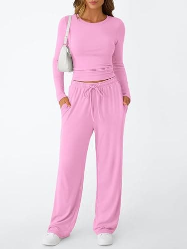 Trendy Queen Women's 2 Piece Matching Lounge Set Long Sleeve Side Ruching Top Wide Leg Drawstring Pants Set with Pockets thumbnail 2