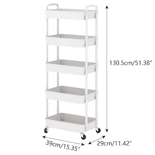 Sywhitta 5-Tier Plastic Rolling Utility Cart with Handle, Multi-Functional Storage Trolley for Office, Living Room, Kitchen, Movable Storage Organizer with Wheels, White thumbnail 8