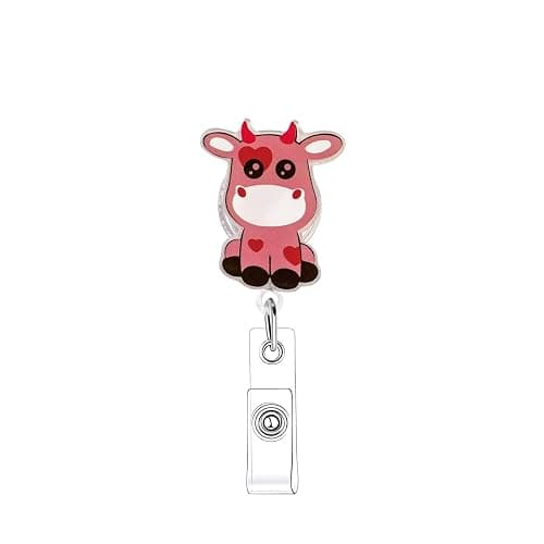 Valentines Cute Pink Cow Badge Reel for Nurse with Heart Design Funny Holiday Retractable Alligator Clip Acrylic Badge Reel for Nursing Doctors Teacher Social Worker Business Card - Image 1