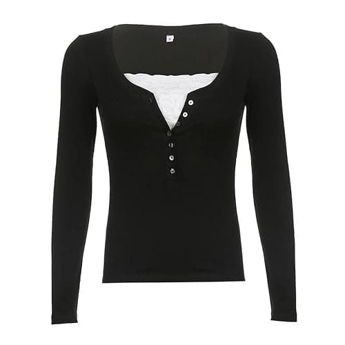 Women's Y2K Knitted Tops Long Sleeve Square Neck Lace Slim Fit Tops Fairy Grunge Shirt Aesthetic Clothes thumbnail 4