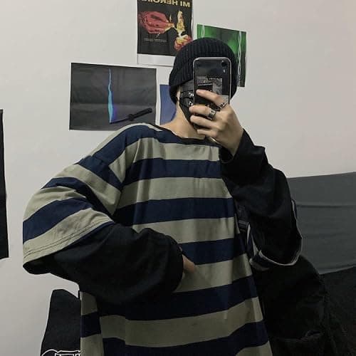 LAVASEON Harajuku Oversized Striped T-Shirt Long Sleeve Crew Neck Casual Matching Couple Streetwear Pullover thumbnail 3