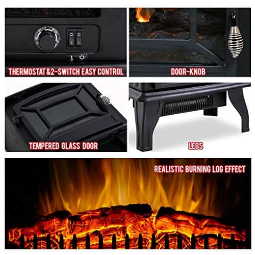 FDW Electric Fireplace Heater 20" Freestanding Fireplace Stove Portable Space Heater with Thermostat for Home Office Realistic Log Flame Effect 1500W CSA Approved Safety 20"Wx17"Hx10"D,Black thumbnail 7