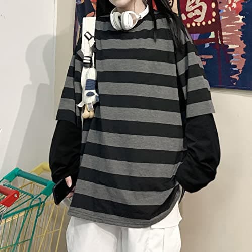 LAVASEON Harajuku Oversized Striped T-Shirt Long Sleeve Crew Neck Casual Matching Couple Streetwear Pullover thumbnail 2