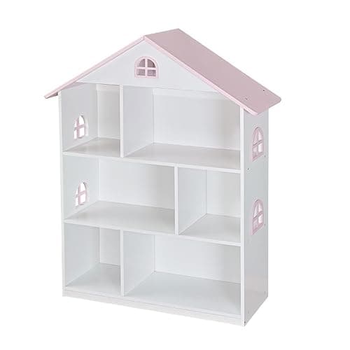 Wooden Dollhouse Bookshelf 4-Tier Kids Bookcase, Toy Storage Organizer & Playhouse with 6 Compartments for Girls Boys, Pink and White Room Furniture for Bedroom Playroom thumbnail 3