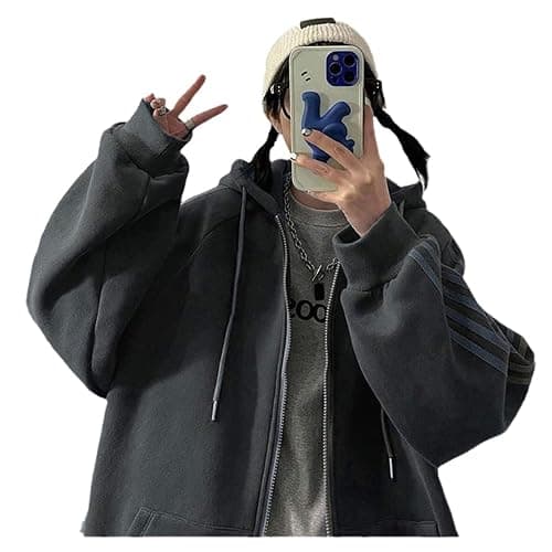 Women Oversized Zip Up Korean Hoodie Y2k Jackets Striped Long Sleeve Hooded Sweatshirt Solid Zipper Cute Top For Teen Girls thumbnail 3