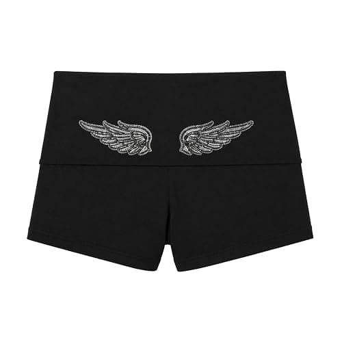 Womens Fold Over Y2k Shorts Sequin Angel Wing Lounge Bottoms Foldover Pants | Y2K Foldover Shorts, Sequin Angel Wing Fold Over Booty Shorts, Low Rise, Mini Gym Yoga Leggings, Pjs Casual Going Out Pants thumbnail 4