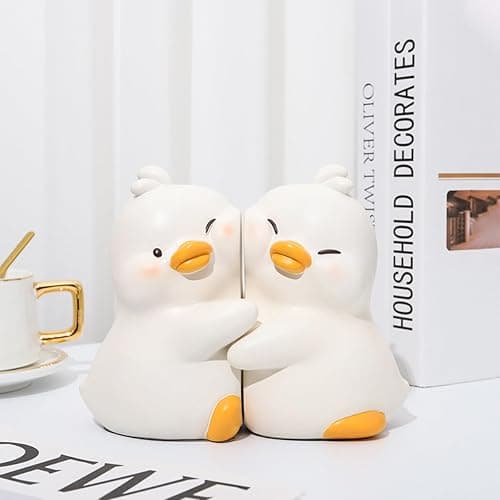 JARPSIRY Cute Hug Ducks Decorative Bookends, Unique Book Ends to Hold Books Creative Resin Book Holder Stopper for Home Office Desk Bookshelf Decoration thumbnail 2