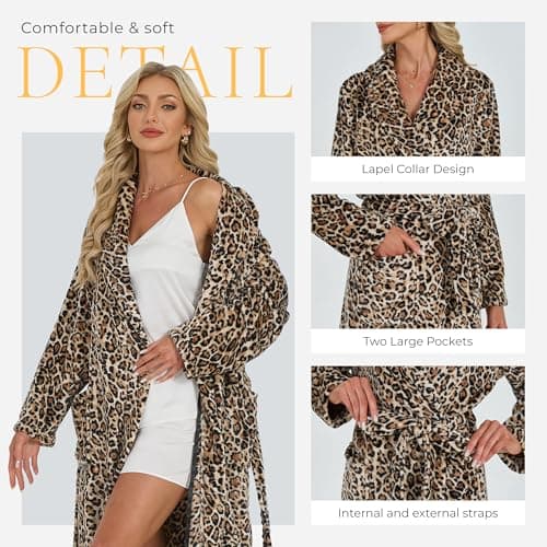 HEARTNICE Womens Fleece Robes, Soft Plush Long Bathrobe, Thick Kimono Robes for Womens, Warm House Coat（Leopard, S/M thumbnail 3