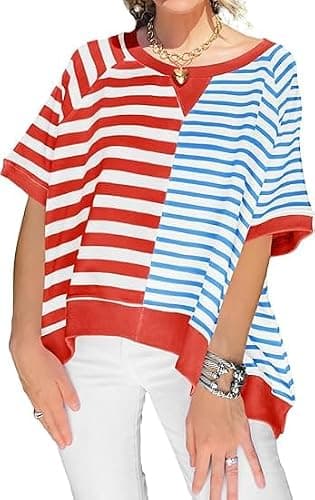 Womens 2025 Oversized Short Sleeve Sweatshirt Striped Shirt Crewneck Pullover Loose Crop Tops - Red and Blue - Large thumbnail 4