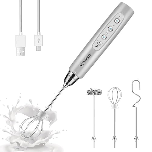 YUSWKO Rechargeable Milk Frother Handheld with 3 Heads, Silver Coffee Electric Whisk Drink Foam Mixer, Mini Hand Stirrer with 3 Speeds Adjustable for Latte, Cappuccino, Hot Chocolate, Egg - Image 1