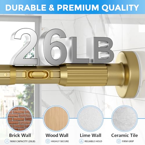 SISELBA Tension Curtain Rod 42-144 Inches, No Drill Adjustable Spring Tension Rod, Push Button to Lengthen & Release to Lock, Heavy Duty Rust-Resistant for Window Living Room Closet Outdoor, Gold thumbnail 4