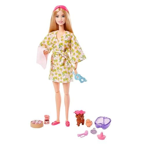 Barbie Doll, Kids Toys, Blonde Doll with Pet Puppy, Barbie Sets, Spa Day, Lemon Print Bathrobe, Headband and Eye Mask, Self-Care Series - Image 1