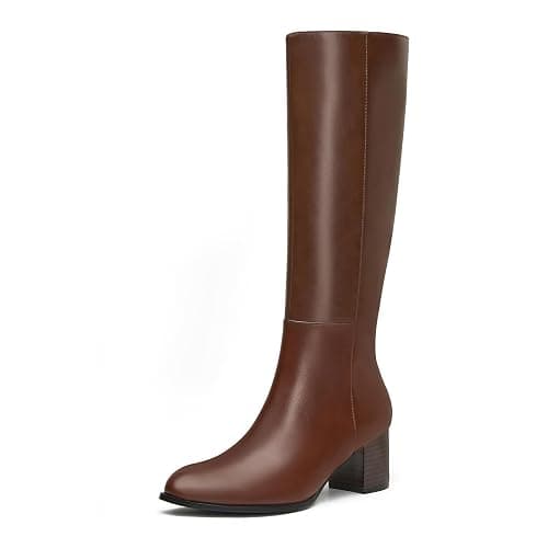 Goderci Knee High Boots Round Toe Chunky Block Boots with Side Zip Elastic Faux Leather Boots for Women - Image 1