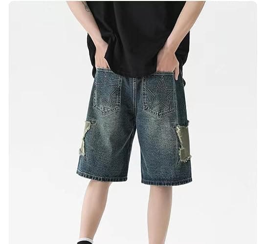 POHADON Y2K Blue Denim Shorts Summer Casual Loose Straight Leg Unisex Baggy Jeans Shorts Jorts Grunge Harajuku Streetwear thumbnail 4