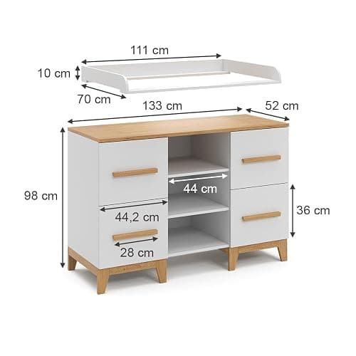 VitaliSpa Commode à Langer Malia, Blanc/Chêne, 133 x 98 cm XL avec 4 tiroirs thumbnail 2