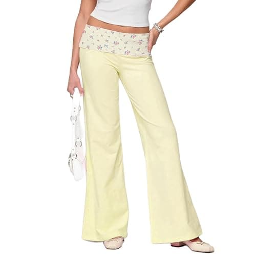 MYBFYABO Fold Over Yoga Pants for Women Contrast Color Low Rise Wide Leg Sweatpants Y2k Foldover Lounge Bell Bottoms 2026 - Image 1