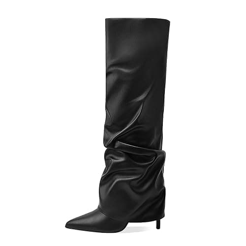 MOTIMODEN Women's Knee High Boots Fold Over High Heel Pointed Toe Black White Long Boots Women Dress Tall Boots for Women - Image 1