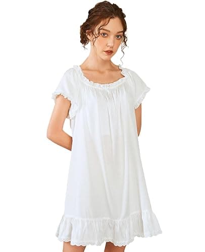 Nanxson Women's Cotton Nightgown Short Sleeve Sleepwear Vintage Nightshirt | Summer Victorian Sleepdress,White Sleepshirt,U Neck Lace Loungewear,Soft Nightshirt,Loose Loungedress,Bride Nightwear - Image 1