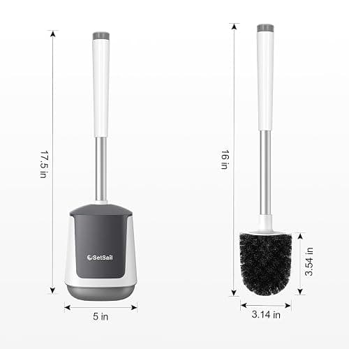 SetSail Toilet Brush and Holder 2 Pack, Self Closing Lid Toilet Bowl Brushes Holder and Extra Long Handle Ventilated Toilet Brush Set for Bathroom Cleaning, Nylon Bristles, White & Grey thumbnail 2