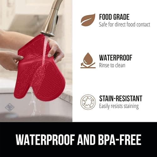 GORILLA GRIP Heat Resistant Silicone Oven Mitts Set, Soft Quilted Lining, Extra Long, Waterproof Flexible Gloves for Cooking and BBQ, Kitchen Mitt Potholders, Easy Clean, Set of 2, Red thumbnail 6
