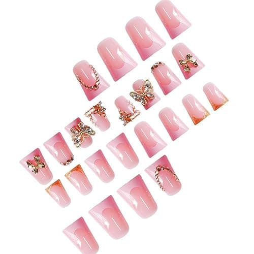 Pink French Tips Press on Nails Medium Duck Fake Nails with Gold Butterfly Bow Rhinestone Charm Design Duckbill False Nails Glossy Skin Tones Stick on Nails Summer Nails for Women Girls Manicure 24Pcs thumbnail 3