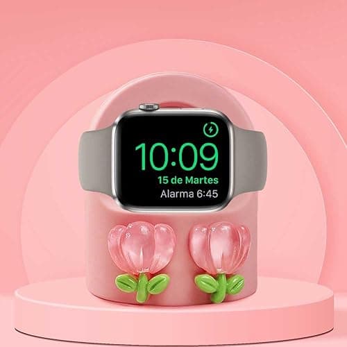 Cute Cartoon Tulip Charger Stand Fit for Apple Watch Series 10/9/8/SE2/SE/Ultra2/Ultra/7/6/5/4/3/2/1(49mm 45mm 44mm 42mm 41mm 40mm 38mm), Silicone iWatch Charging Dock Supports Nightstand Mode - Image 1