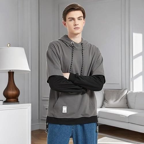 GURUNVANI Contrast Color Pullover Hoodie Mens Patchwork Hoodies Men thumbnail 3