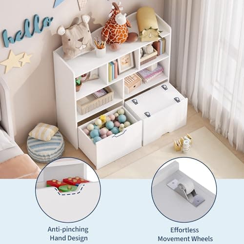 Garvee Toy Storage Organizer with Movable Drawers, Kids Bookshelf with Hidden Wheels & Open Cubbies, Multifunctional Floor Storage Chest for Playroom, White thumbnail 6