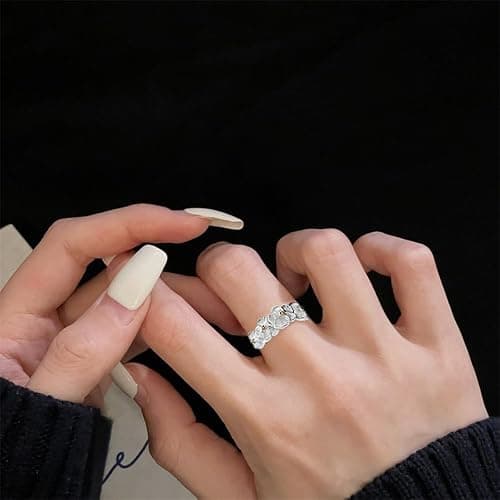 Dtja Textured Flower 925 Sterling Silver Adjustable Statement Ring for Women Vintage Jasmine Floral Expandable Open Wrap Finger Rings Comfort Fit Wedding Holiday Jewelry thumbnail 3