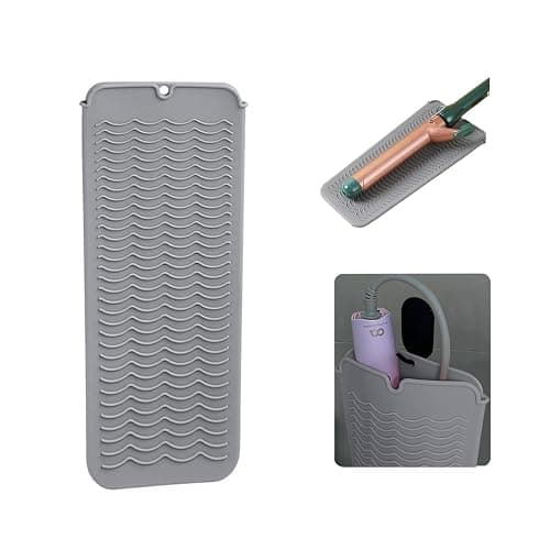 Heat Resistant Silicone Mat with Hanging Hole, Straightener Heat Resistant Travel Mat & Pouch for Curling Iron, Flat Iron and Other Hot Hair Styling Tools, 11 x 5 in, Gray - Image 1
