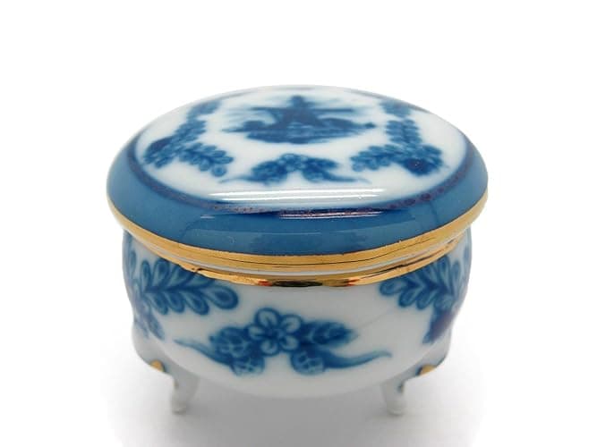 Essence of Europe Gifts Classic Victorian Themed Delft Blue Ceramic Vintage 2.5" Round Jewelry Box | GermanGiftOutlet - Image 1