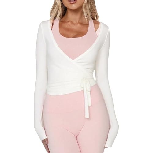 Women Ballet Wrap Top Long Sleeve Self Tie Dance Shirt Pilates Yoga Tops Y2k Workout Active Blouses - Image 1