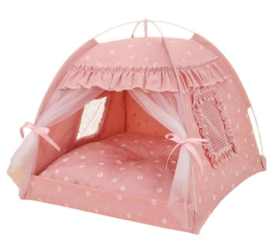 Selena Cat Bed Tents Dog House Indoor Outdoor Lace Mesh Breathable Windows Door Curtains Removable Portable Nest Teepe House (Small,Pink(Ruffled Teim)) thumbnail 6