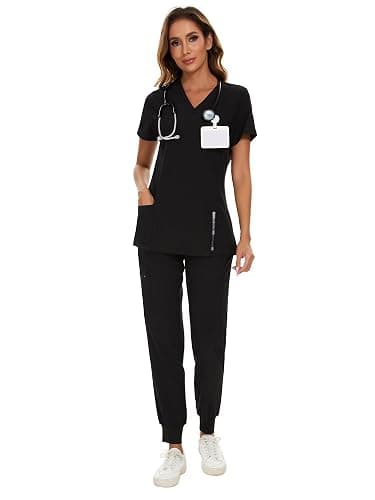 COZYFIT Scrubs for Women Set - Stretch V-Neck Scrub Top & Jogger Pant with 8 Pockets - Black - Medium - Image 1