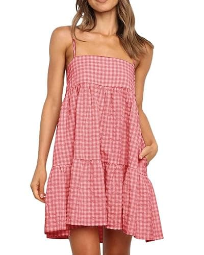 LPCBDEE Womens Plaid A-line Dresses Shoulder Straps Ruffle Hem Casual Mini Dress with Side Pocket - Image 1