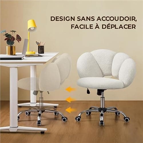 Yaheetech Fauteuil de Bureau, Chaise Pivotante Ergonomique, Dossier Confort en Nuage, Réglable en Hauteur, Charge 136 kg, pour Salon Chambre Bureau, Blanc/Bouclé thumbnail 6