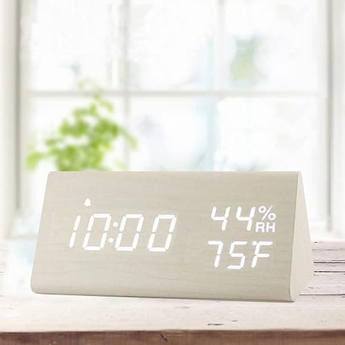 Digital Alarm Clock, with Wooden Electronic LED Time Display, 3 Alarm Settings, Humidity & Temperature Detect, Wood Made Electric Clocks for Bedroom, Bedside, Desk, White - White thumbnail 2